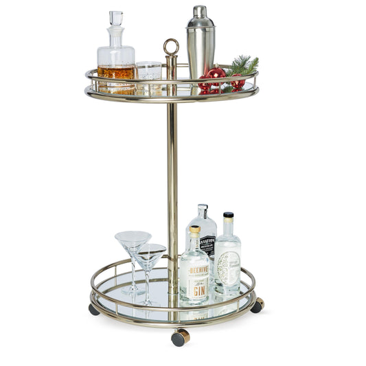 Luxurious Champagne Mirrored 2-Tier Bar Cart with Casters for Elegant Serving