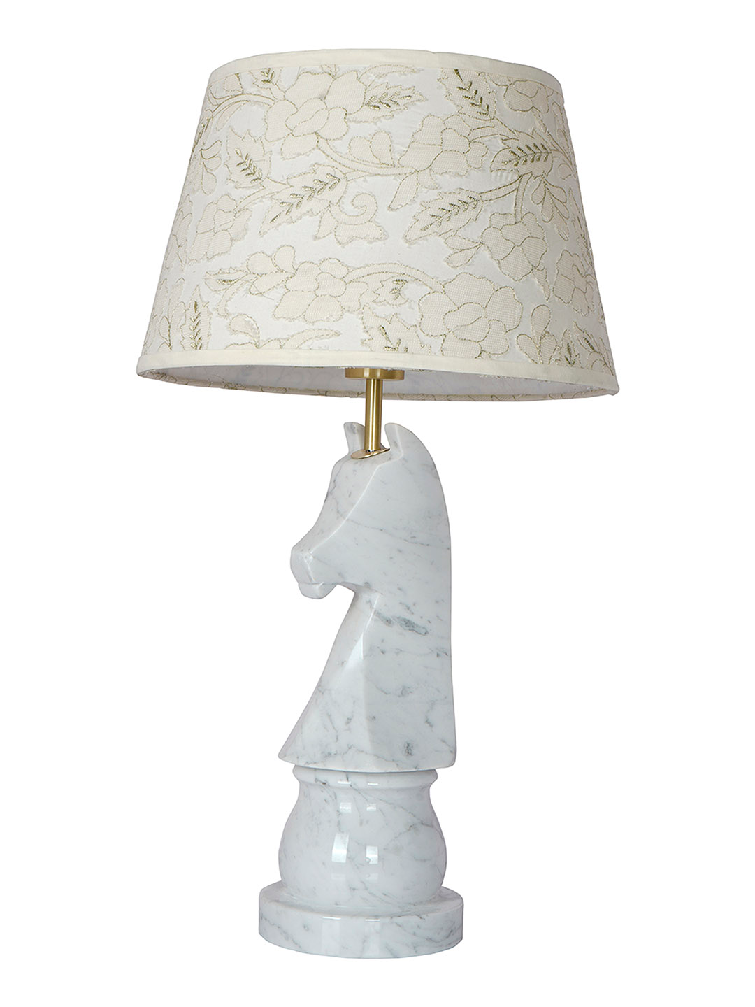 Statuario Marble Chess Knight Table Lamp with Embroidered Drum Shade