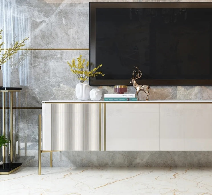 Modern Fluted Gold Finish TV Entertainment Unit with Storage for 80-inch Televisions