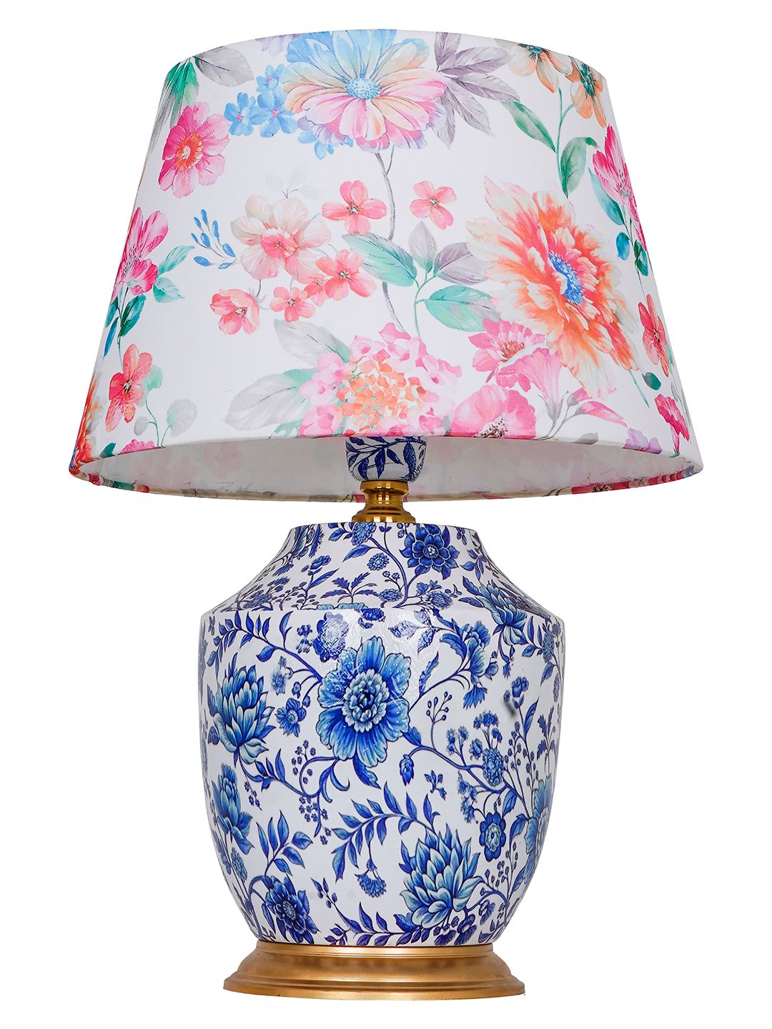 Charming Eclectic Blue Pottery Print Table Lamp with Floral Fabric Shade