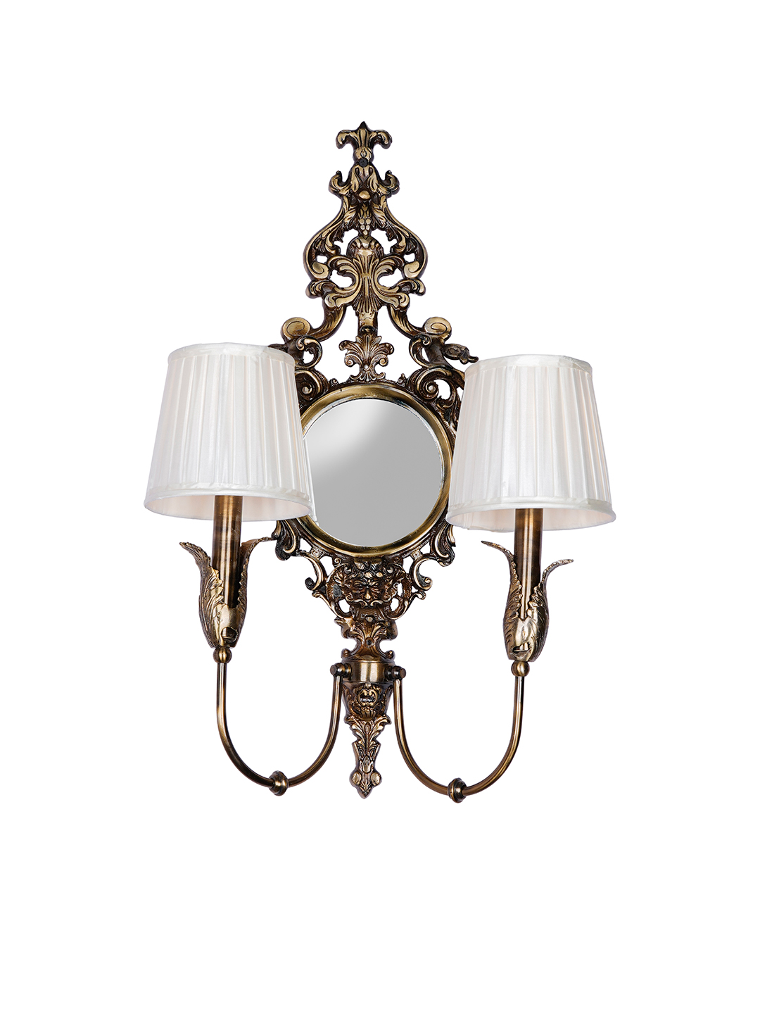 Opulent Antique Brass Wall Lamp with Mirror, Pleated Chiffon Shades