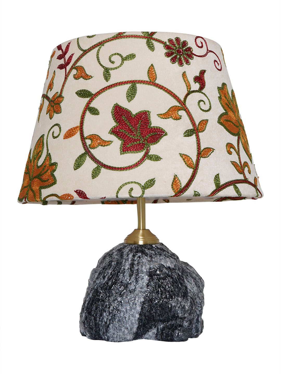Exquisite Raw Black Marble Table Lamp with Intricate Kashmiri Embroidered Velvet Shade