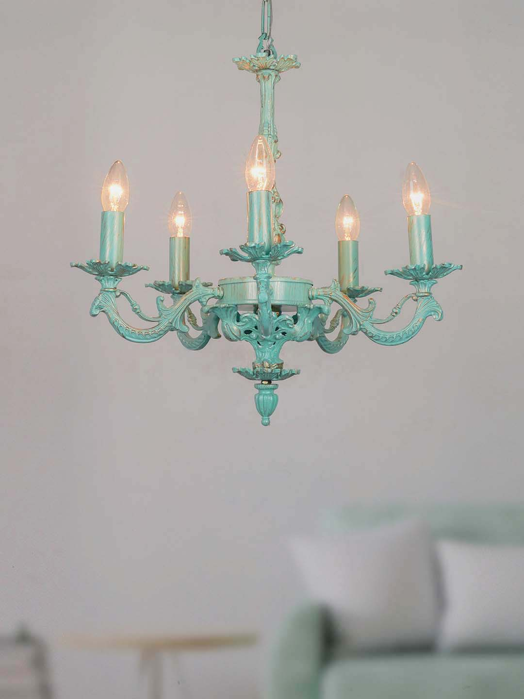 Antique Distressed Green Cast Aluminium 5-Light Candelabra Chandelier for Grand Spaces
