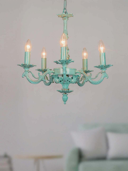 Antique Distressed Green Cast Aluminium 5-Light Candelabra Chandelier for Grand Spaces