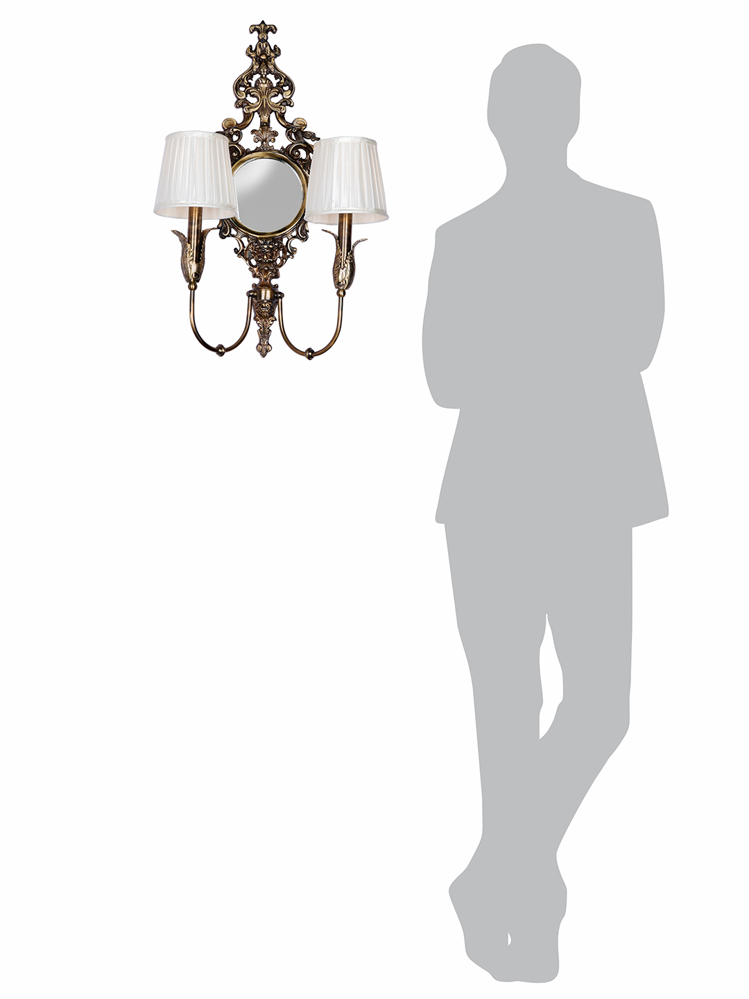 Opulent Antique Brass Wall Lamp with Mirror, Pleated Chiffon Shades
