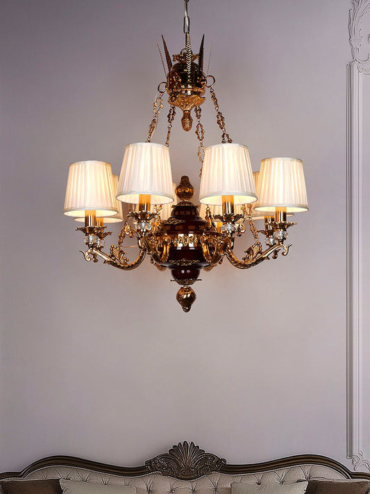 Opulent Maroon Gold 8-Light Chandelier with Off-White Pleated Shades & Crystals