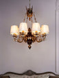 Opulent Maroon Gold 8-Light Chandelier with Off-White Pleated Shades & Crystals