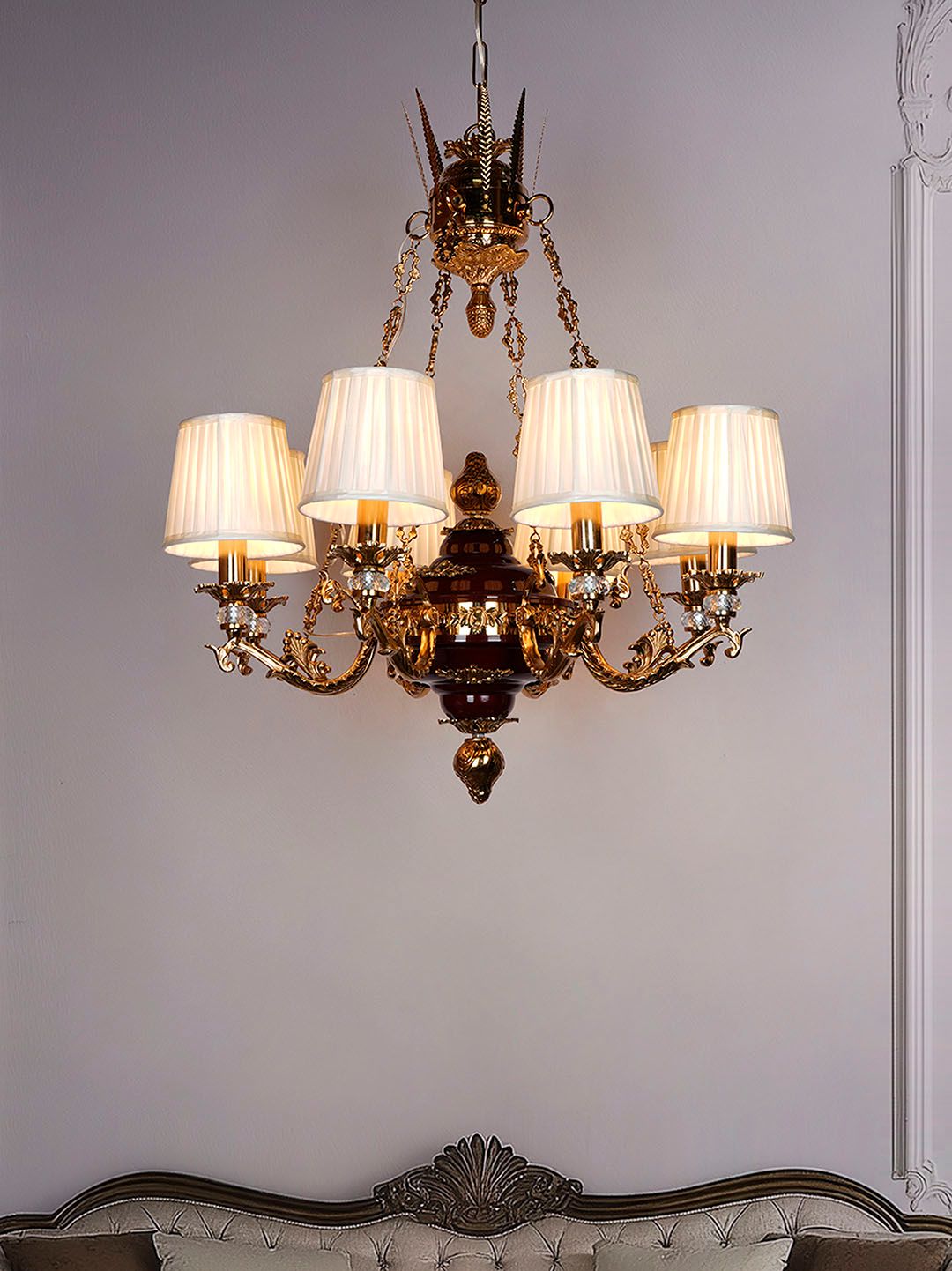 Luxury Maroon Gold 8-Light Chandelier, Kashmiri Embroidered Fabric Shades & Crystals