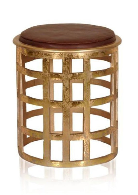 Plush Brown Leather Stool with Gleaming Aluminium Base - Chic Home Decor