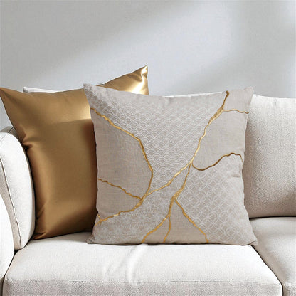Gold & White Kintsugi Embroidered Linen Pillow Cover 18x18 Inch