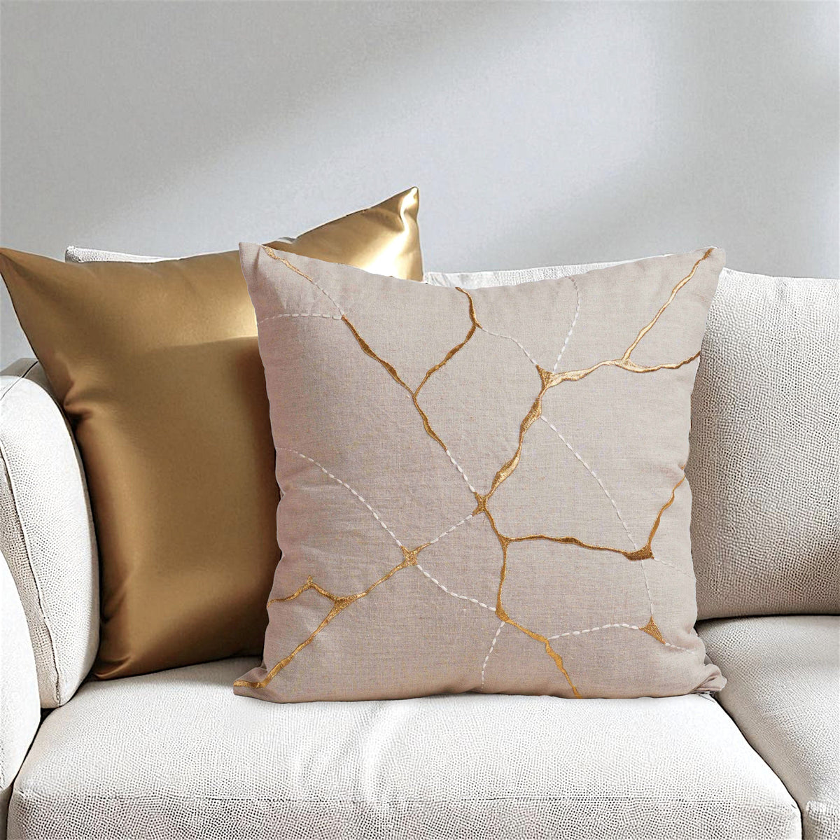 KINTSUGI Embroidered Linen Pillow Cover – 18x18 Inch, Gold & White Embroidery, Small Mend