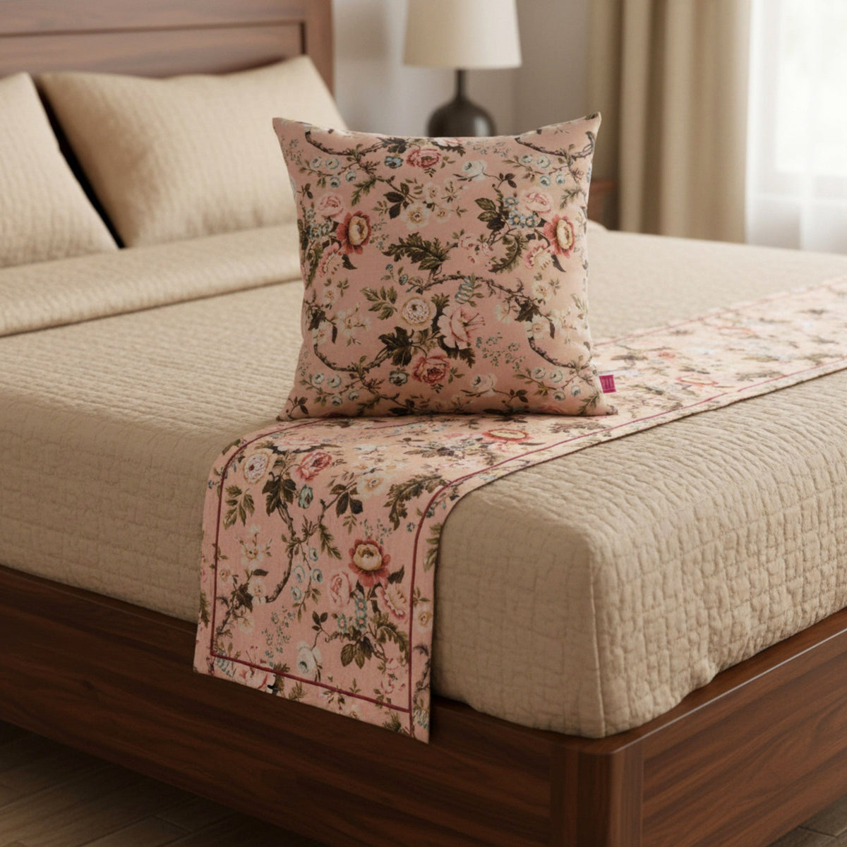 AMOUR - Blush Rose Print Linen Bed runner set - King / Queen / Twin Size