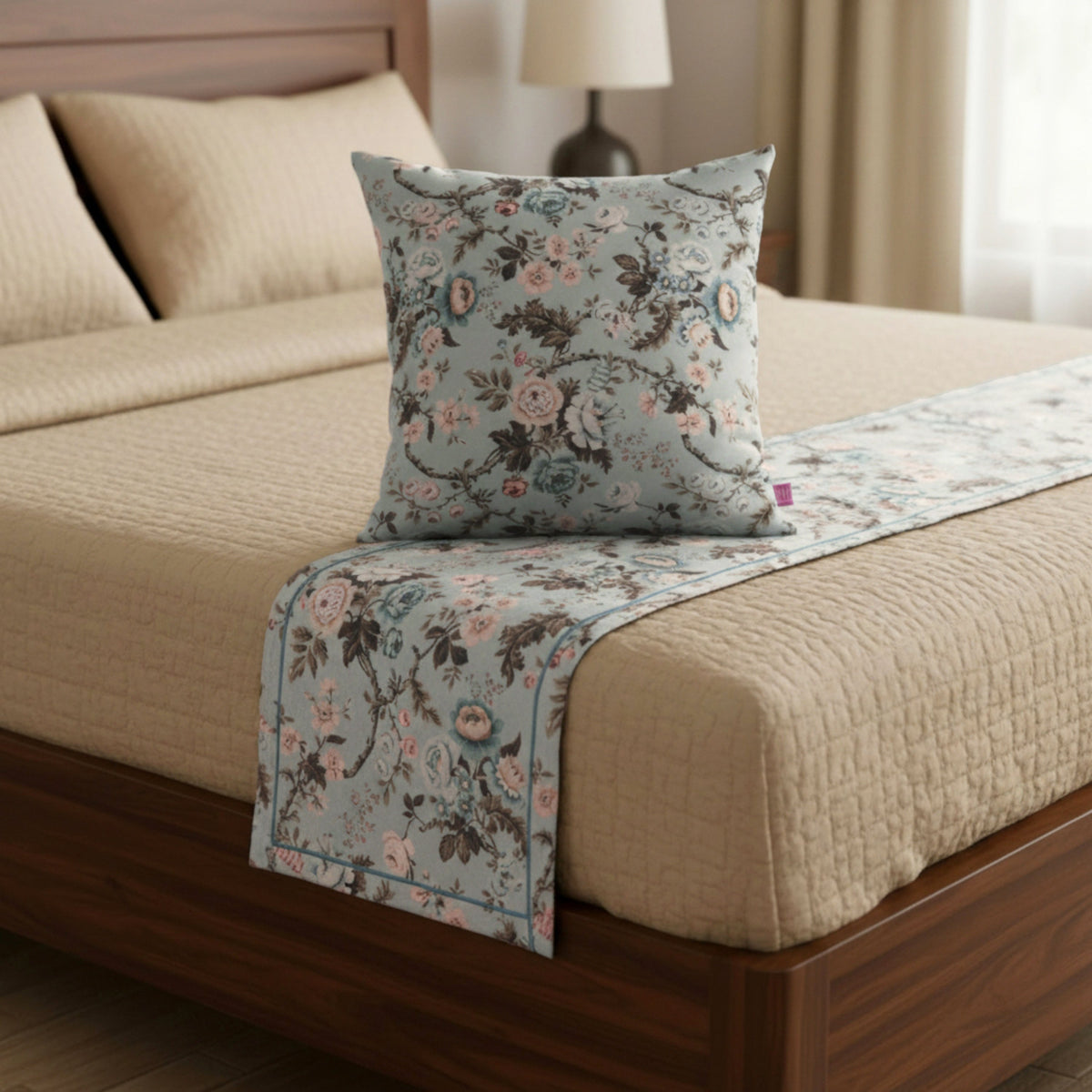 AMOUR - Duck Egg Rose Print Linen Bed runner set - King / Queen / Twin Size