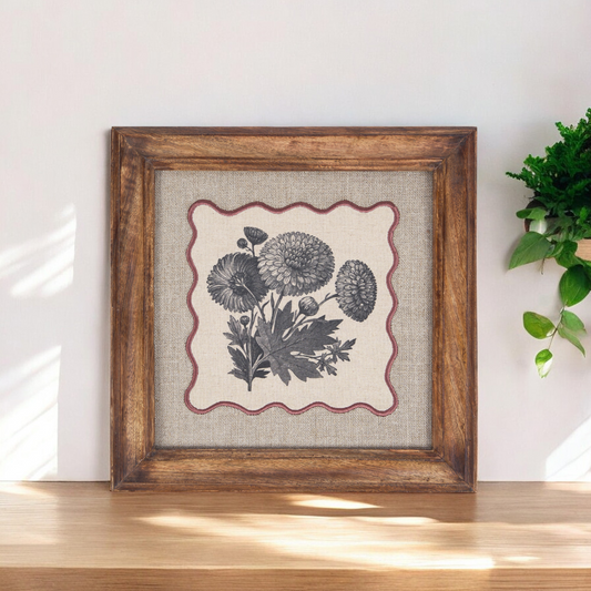 Chrysanthemum Botanical Wall Art – Framed Gift | Embroidered Linen, 12×12 inches