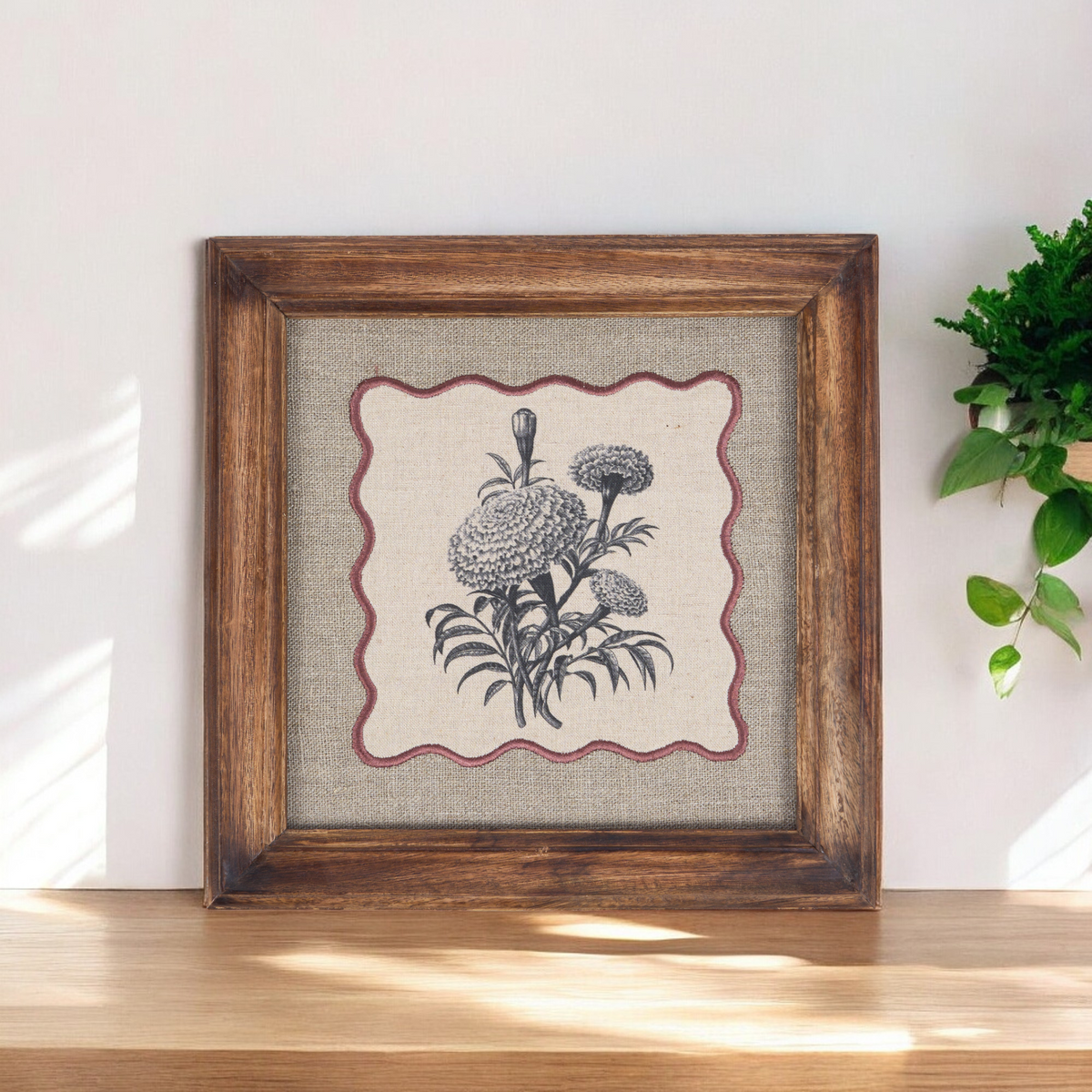 Marigold Botanical Wall Art – Framed Gift | Embroidered Linen, 12×12 inches