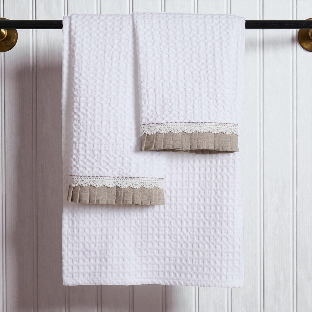 GIFT PACK - Luxury Organic Cotton Waffle Towel Set – 3 Piece | Gathered Linen & Lace Trim