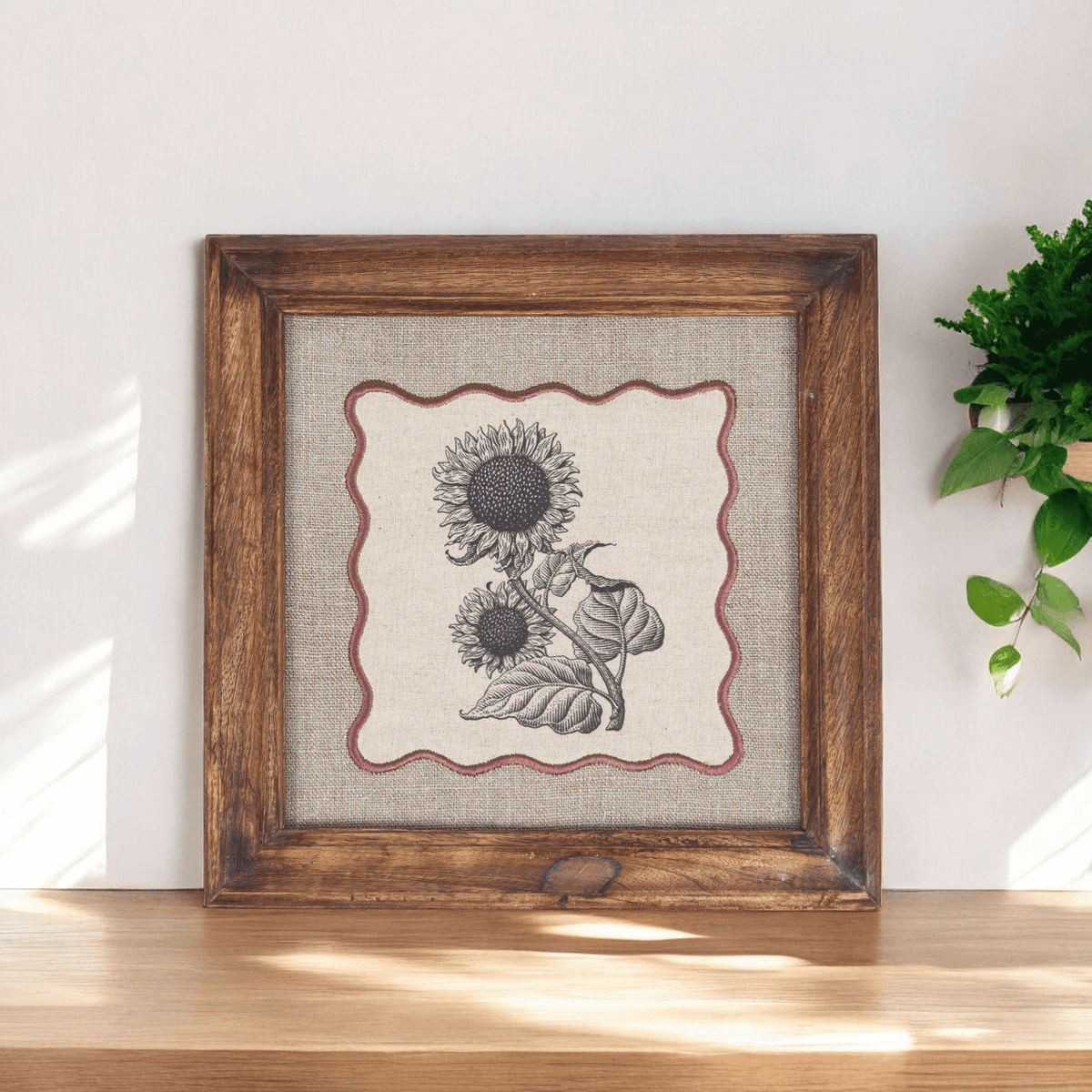 Sunflower Botanical Wall Art – Framed Gift | Embroidered Linen, 12×12 inches