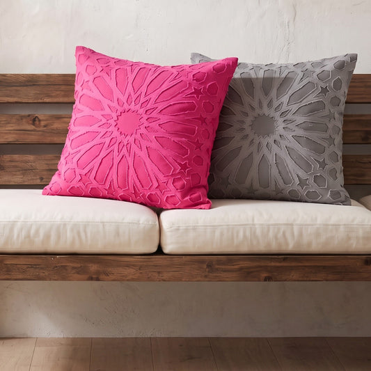 Arabesque Hot Pink Appliqué Cushion Cover | Geometric Cotton | 16×16"