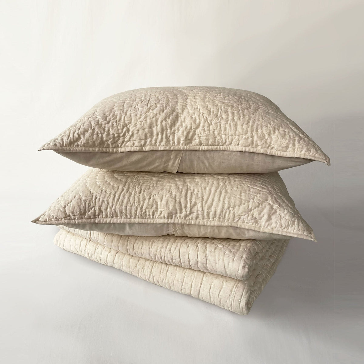 Beige Linen Cotton Quilted Bed Set | Circle Pattern | Handmade | Twin, Queen & King