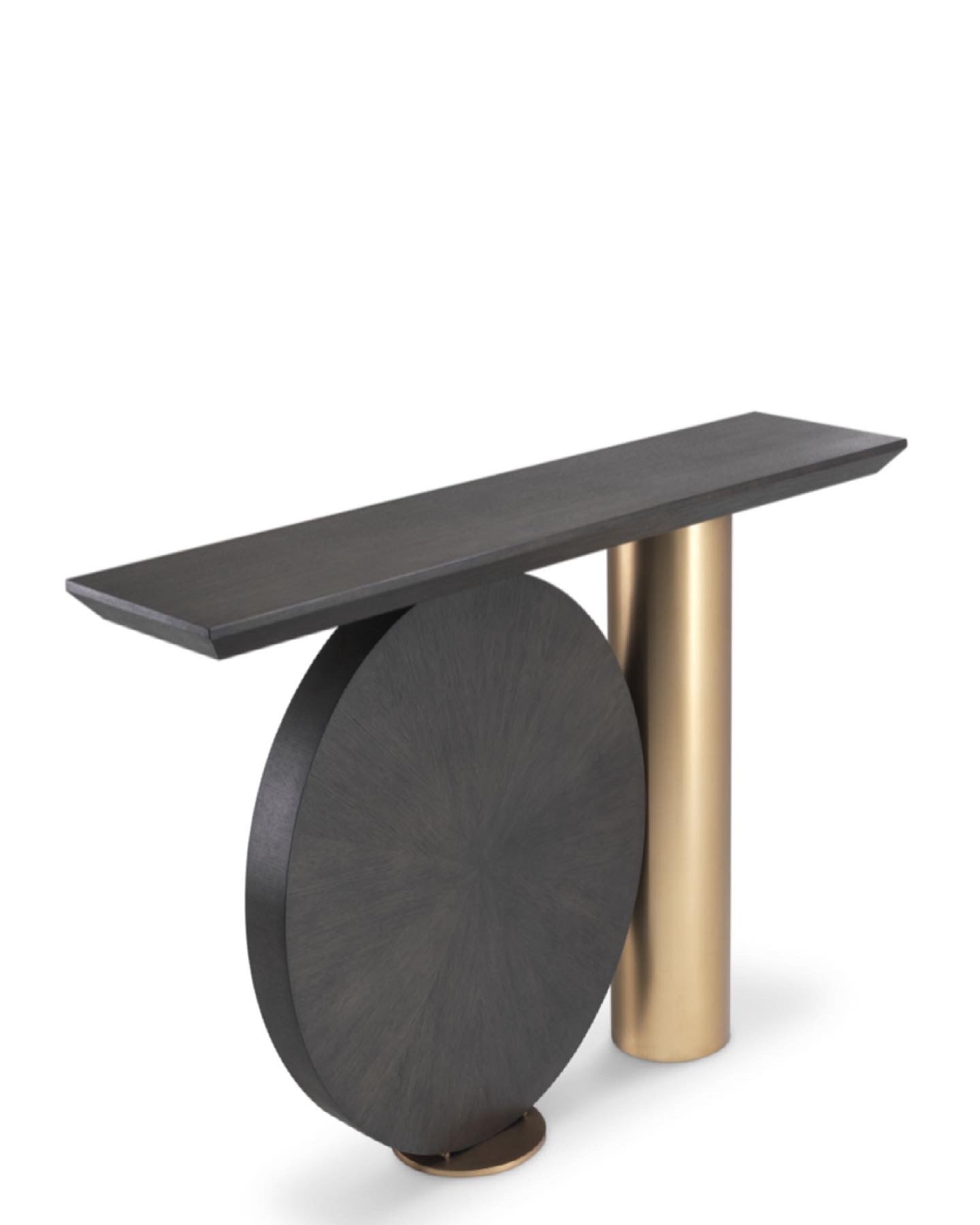 Elegant Postmodern Spring Console Table with Mocha Oak & Brass Finish