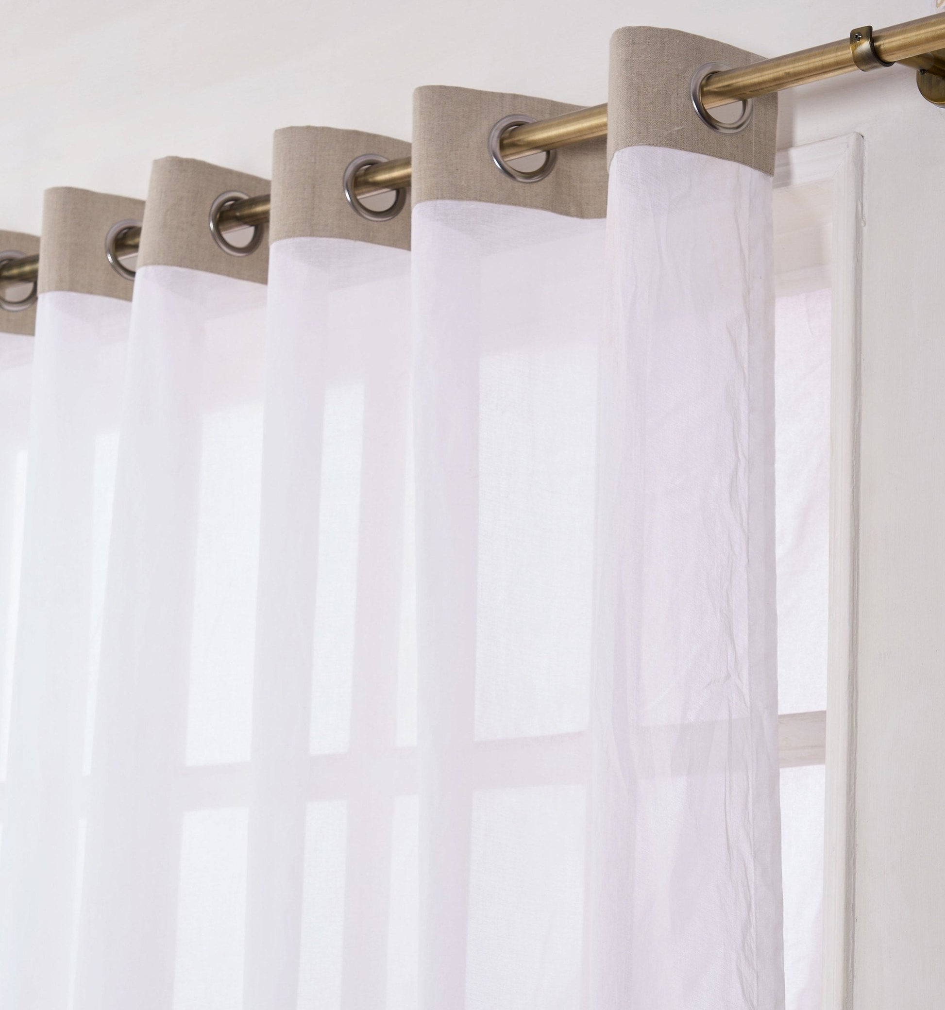 Elegant White Linen & Organdy Pleated Curtain with Beaded Detail