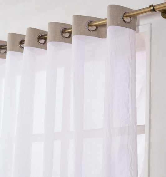 Elegant White Linen & Organdy Pleated Curtain with Beaded Detail