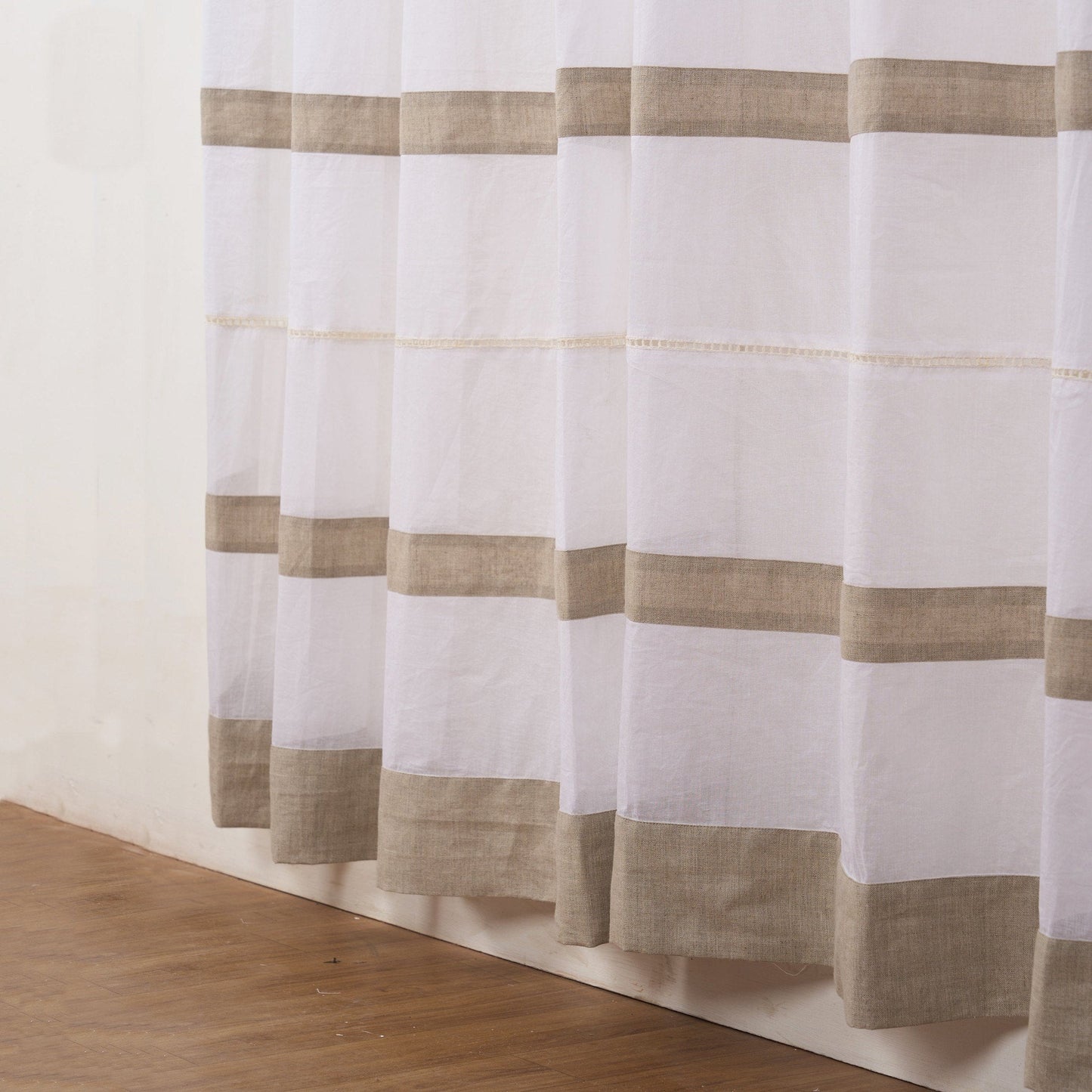 Elegant White Linen & Organdy Pleated Curtain with Beaded Detail