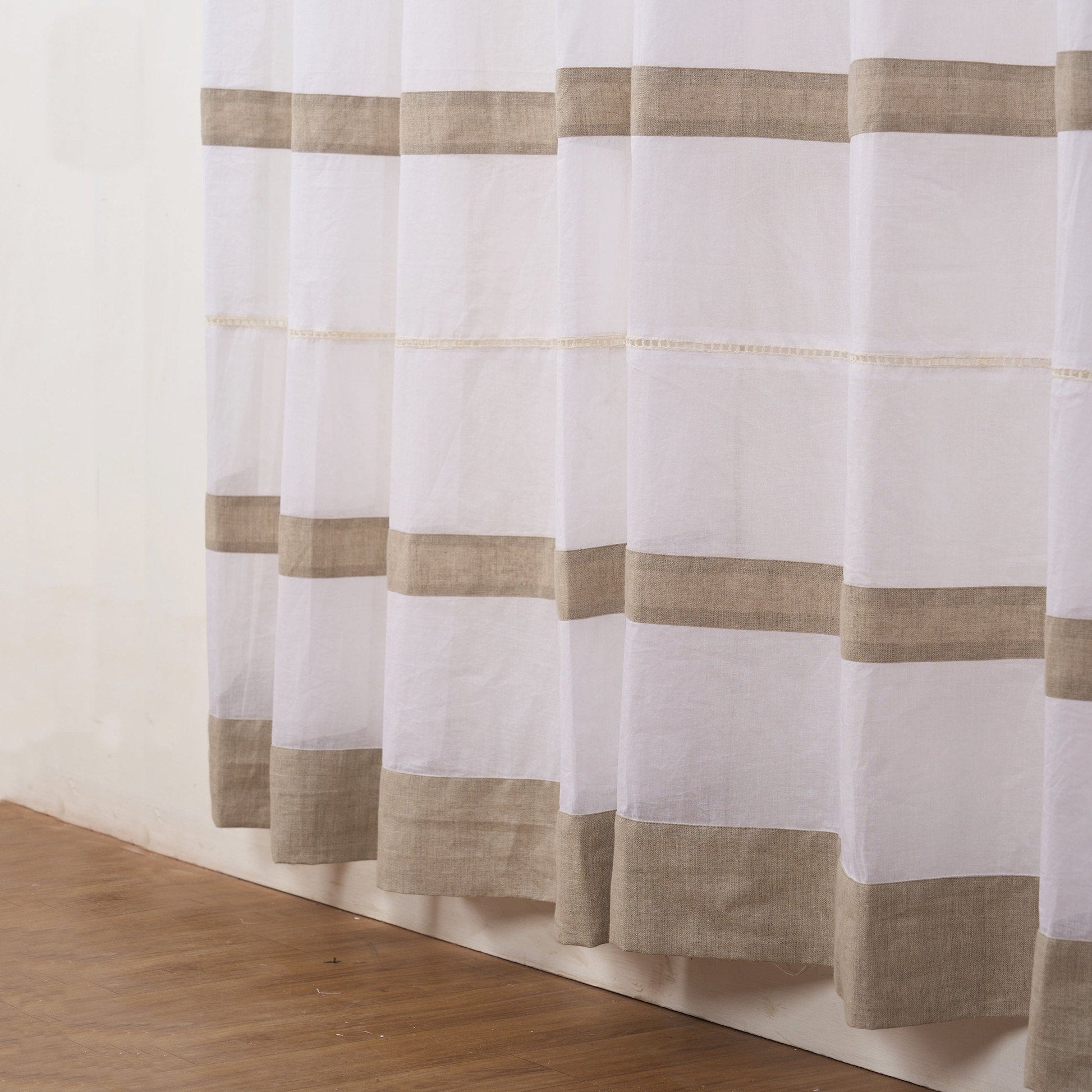 Elegant White Linen & Organdy Pleated Curtain with Beaded Detail
