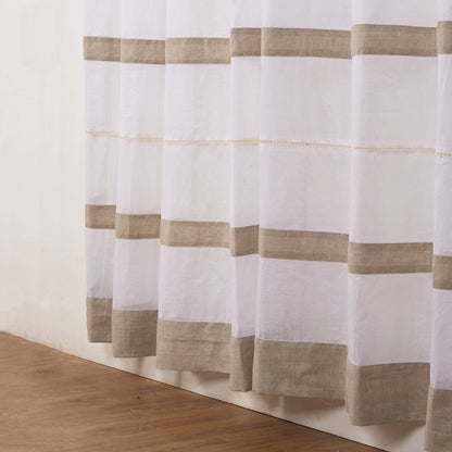 Elegant White Linen & Organdy Pleated Curtain with Beaded Detail