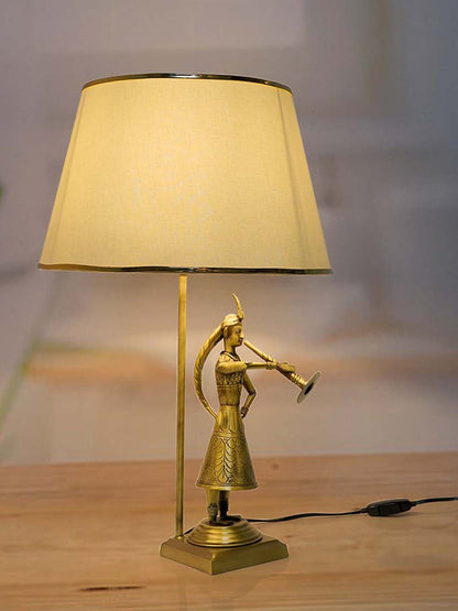 Traditional Rajasthani Been Belle Brass Table Lamp with Off White Tapered Fabric Shade