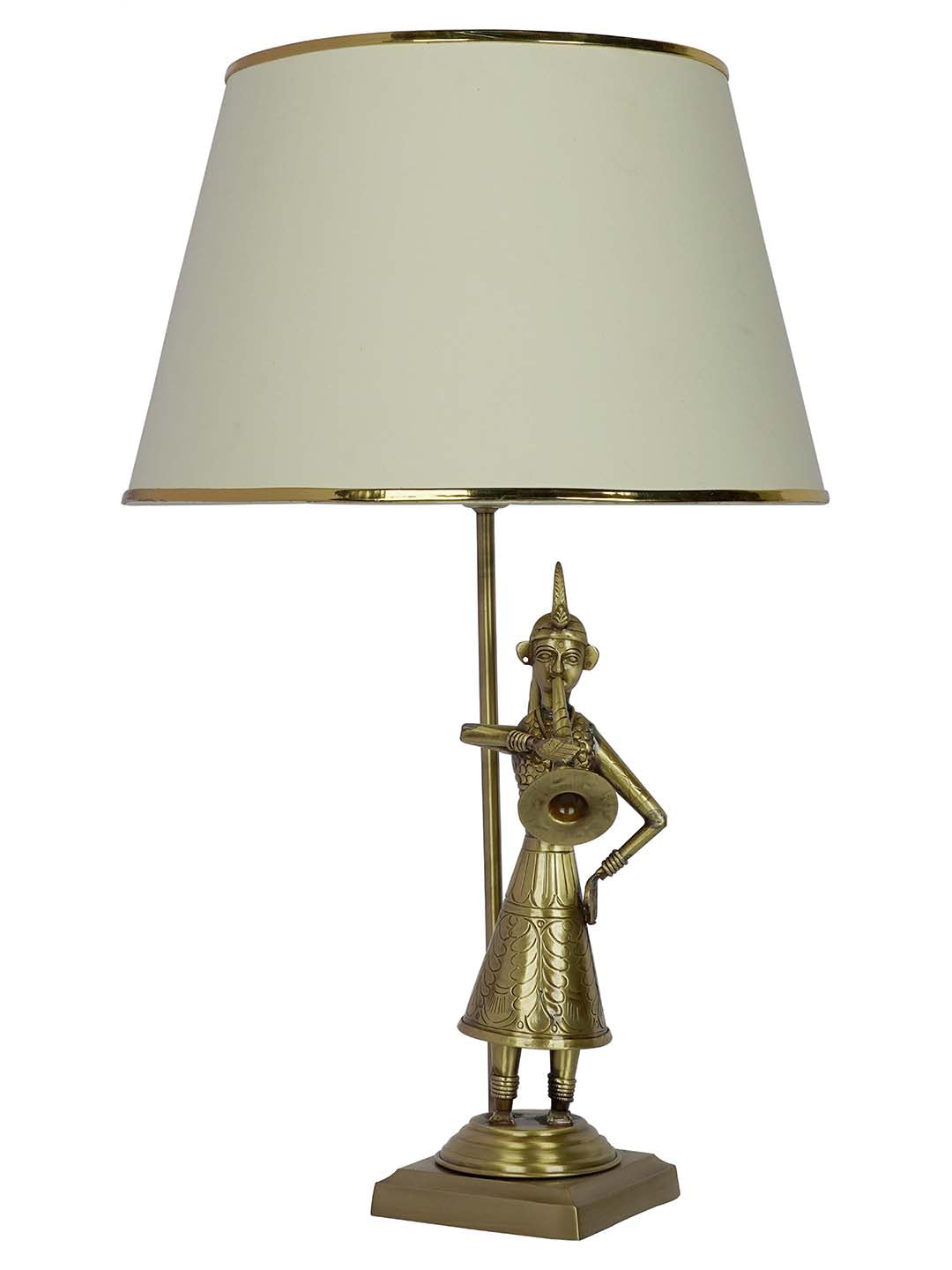 Traditional Rajasthani Been Belle Brass Table Lamp with Off White Tapered Fabric Shade