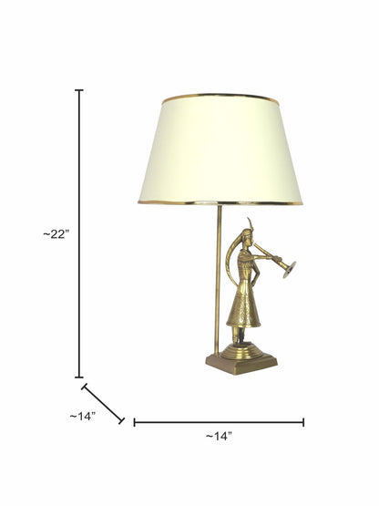 Traditional Rajasthani Been Belle Brass Table Lamp with Off White Tapered Fabric Shade