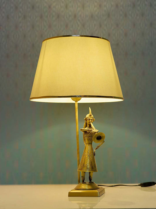 Traditional Rajasthani Been Belle Brass Table Lamp with Off White Tapered Fabric Shade