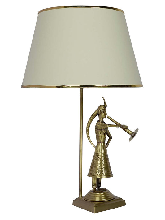 Traditional Rajasthani Been Belle Brass Table Lamp with Off White Tapered Fabric Shade