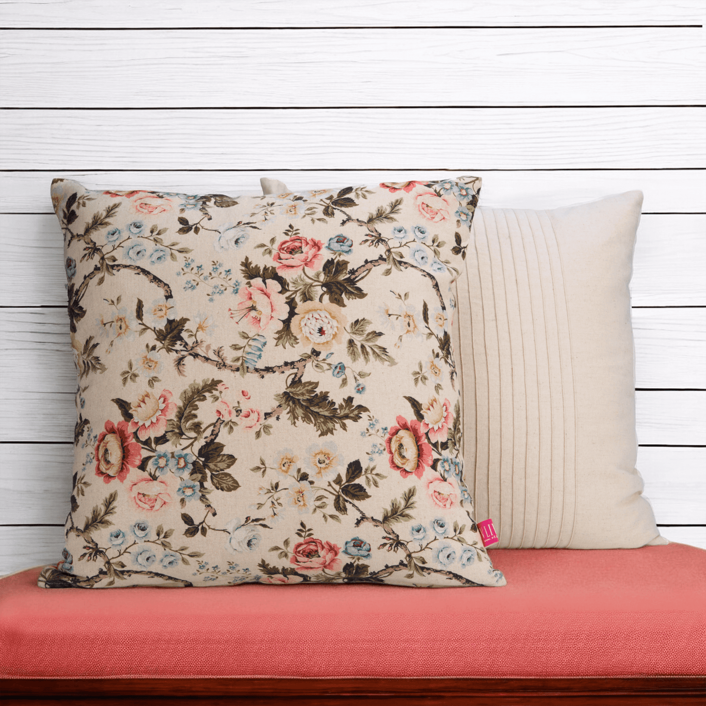 Beige Linen Pillow Cover with Vintage Rose Print Reversible