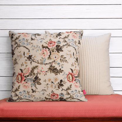 Beige Linen Pillow Cover with Vintage Rose Print Reversible