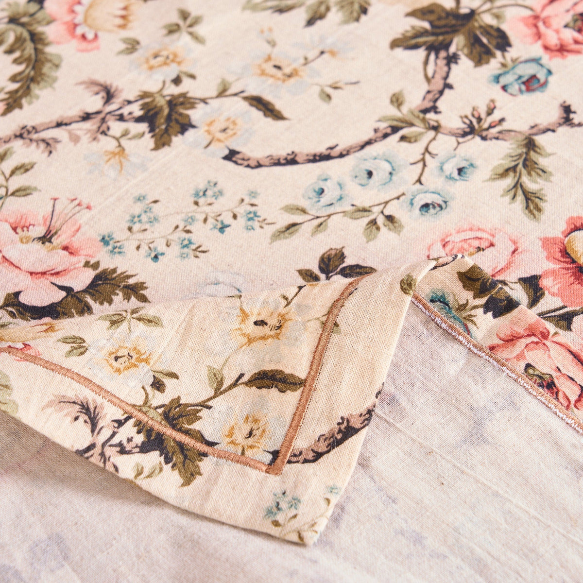 Amour Beige Linen Tablecloth | Vintage Rose Print | 3 Sizes incl. Round