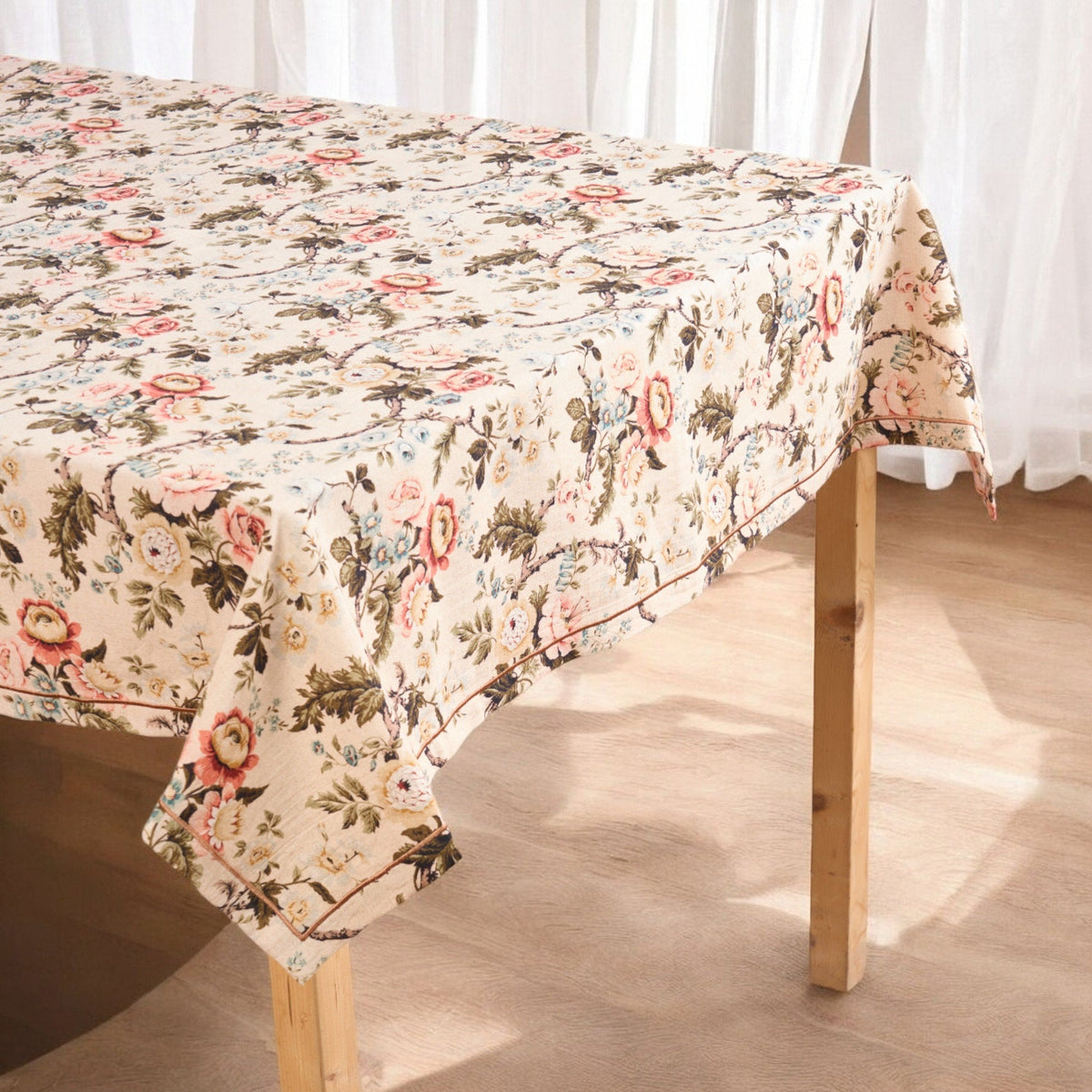 Amour Beige Linen Tablecloth | Vintage Rose Print | 3 Sizes incl. Round