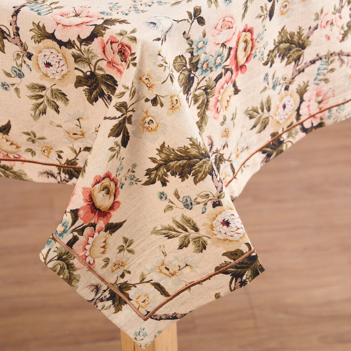 Amour Beige Linen Tablecloth | Vintage Rose Print | 3 Sizes incl. Round