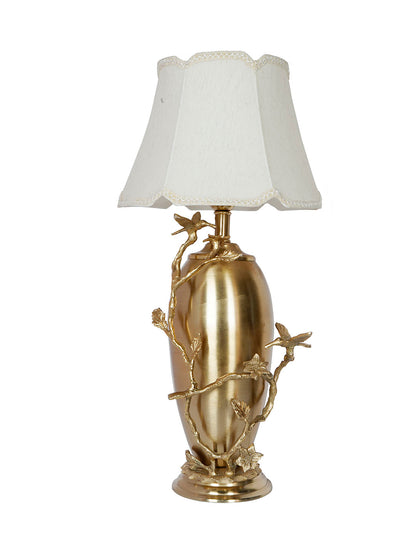 Golden Bird and Twig Table Lamp with Scalloped Cream Shade