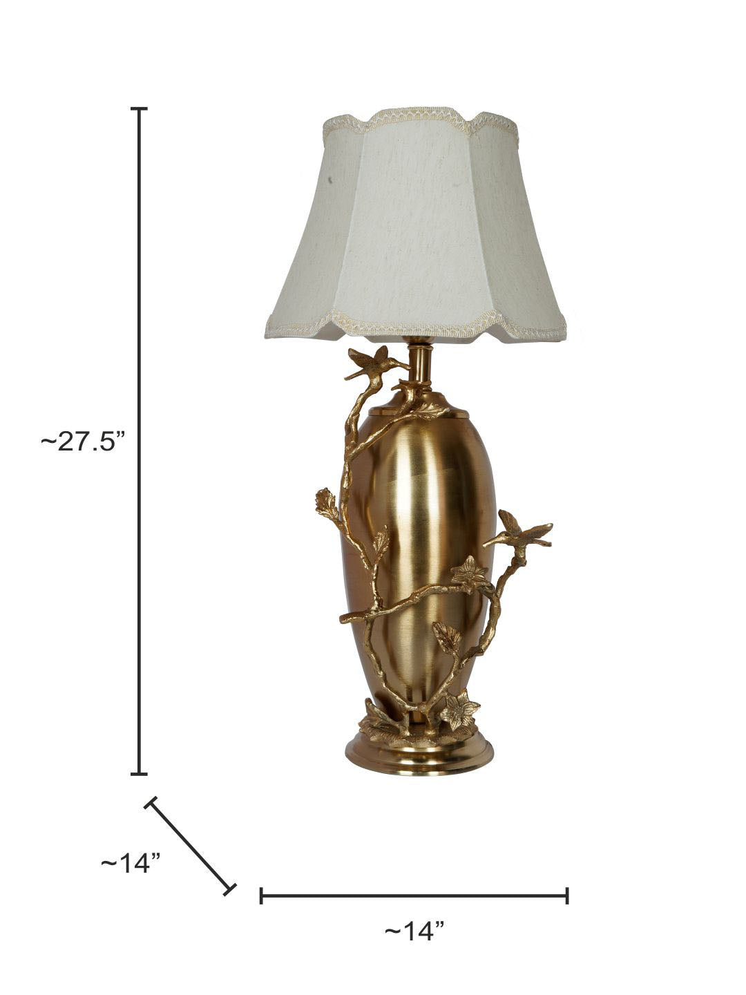 Golden Bird and Twig Table Lamp with Scalloped Cream Shade
