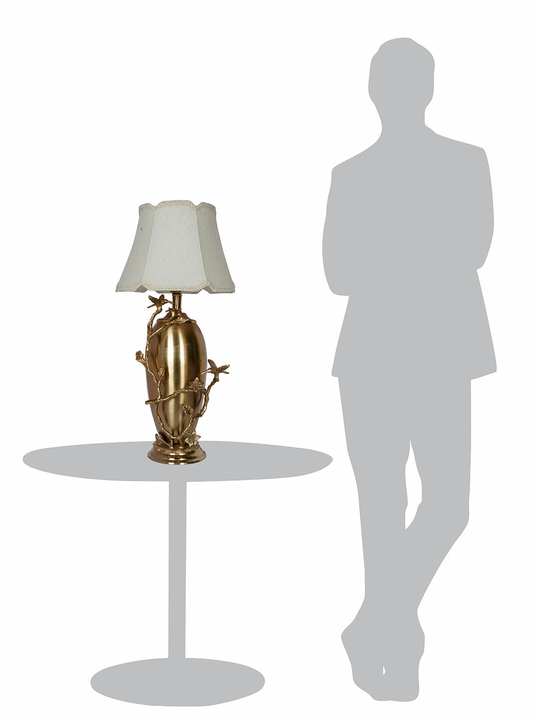 Golden Bird and Twig Table Lamp with Scalloped Cream Shade