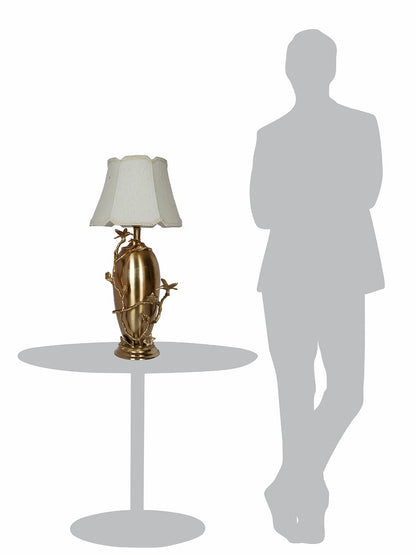 Golden Bird and Twig Table Lamp with Scalloped Cream Shade