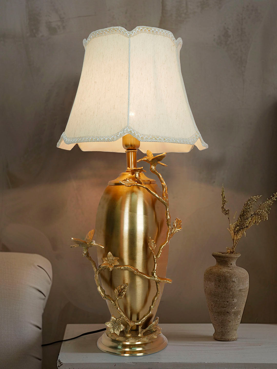 Golden Bird and Twig Table Lamp with Scalloped Cream Shade