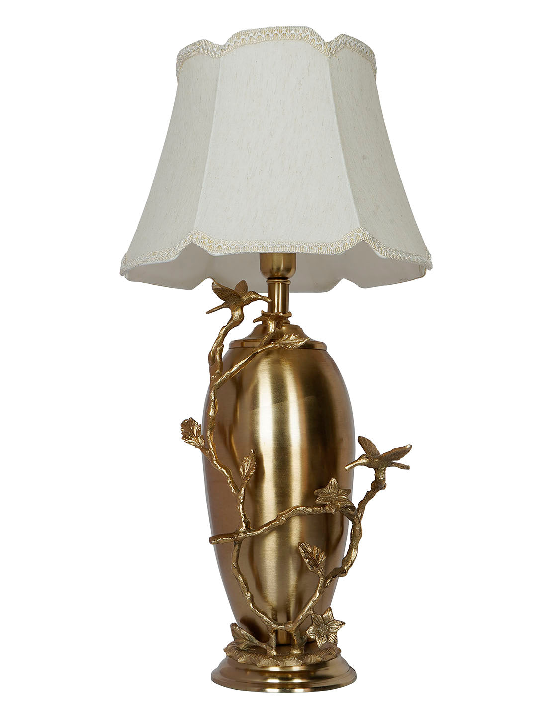 Golden Bird and Twig Table Lamp with Scalloped Cream Shade