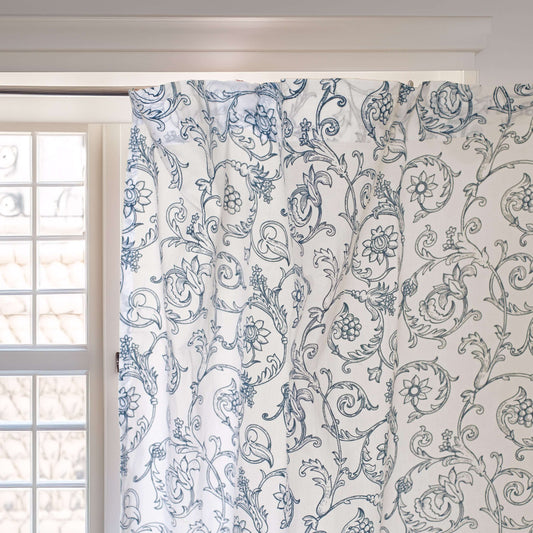 Blue Swirl Sheer Curtain Panel | Victorian Print Cotton Voile | 2 Sizes | 4 Hanging Styles