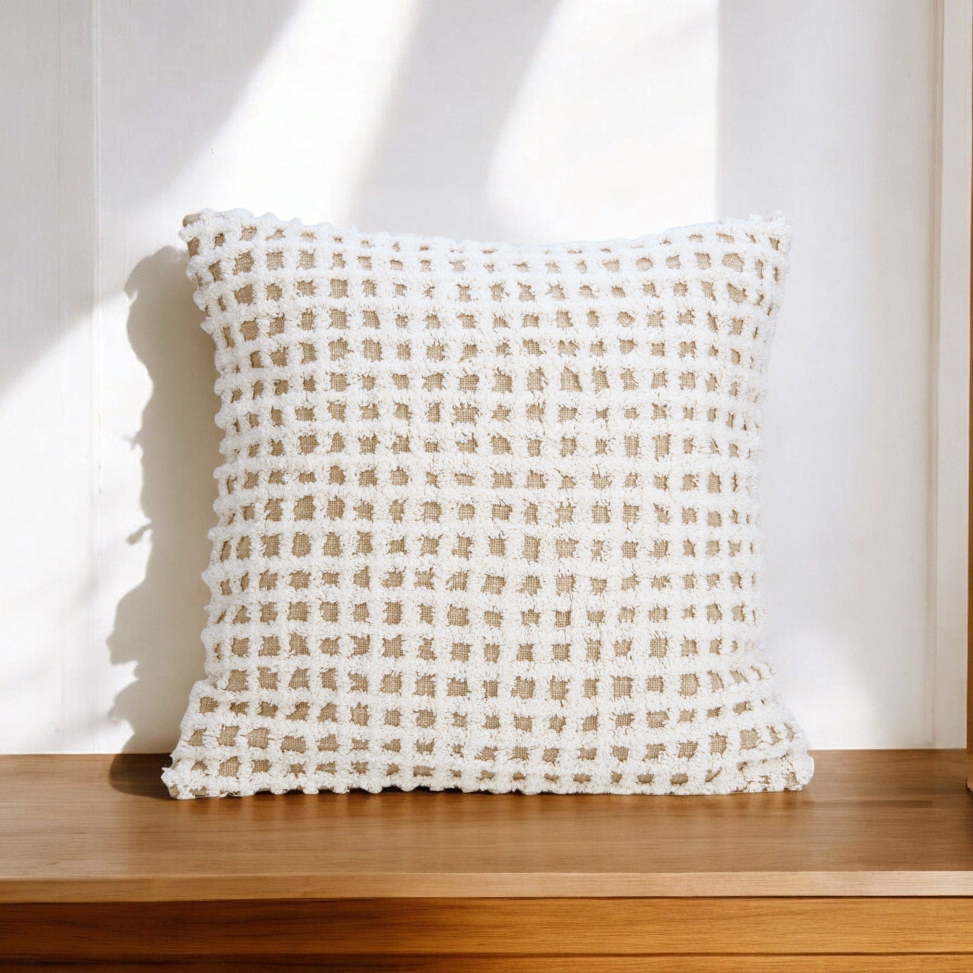 Zulu Collection Checkered Tufted Off‑White & Beige Pillow Cover 18×18