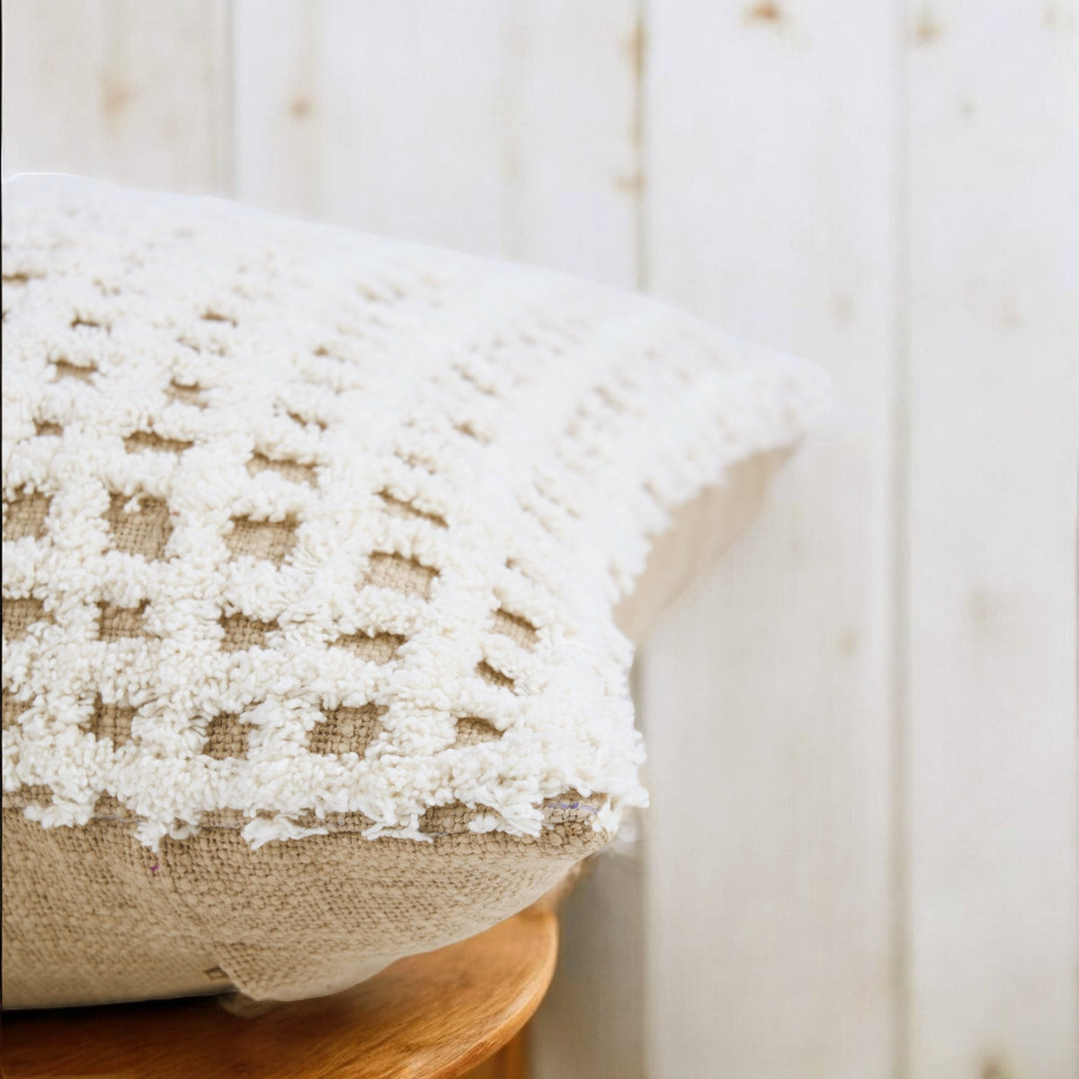 Zulu Checkered Tufted Pillow Cover | Off White & Beige | 18 × 18 inches | Handmade