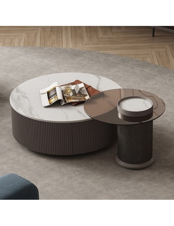 JLO Modern Coffee Table Set of 2: White Marble Top, Steel Legs, Wood Finish
