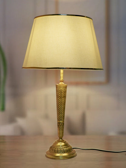 Conical Brass Table Light in Antique Finish with Off White Tapered Fabric Shade